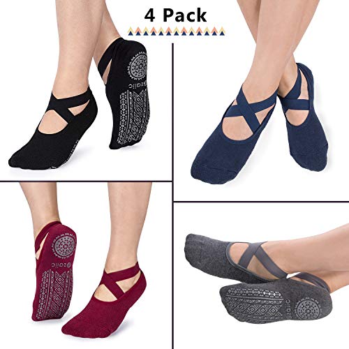 Ozaiic Pilates Socks for Women Non Slip Grip, Yoga Socks with Grippers for Barre, Hospital, Ballet, Dance, Barefoot Workout - color: 4 Pairs - Black/Navy/D.gray/ Burgundy
