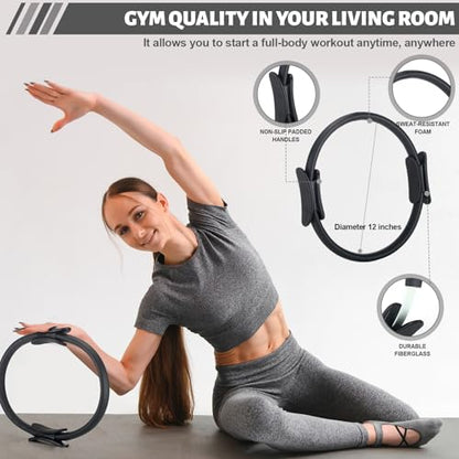 Pilates Ring Circle Set 18 Pcs Exercise Equipment Accessories for Women Workouts Pilates Ball Stretching Strap Magic Circle Yoga Ring Gym Back Bag Resistance Band Anti Slip Socks - color: Black