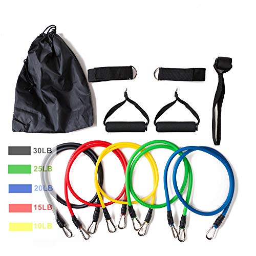 11 Pack Resistance Bands Set,Including 5 Stackable Exercise Bands with Door Anchor,2 Foam Handle,2 Metal Foot Ring & Carrying Case - Home Workouts,Physical Therapy,Gym Training