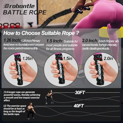 Battle Rope 1/1.26/1.5/2 Inch Diameter,Pink 30FT/40FT/50FT Exercise Workout Ropes for Home Gym Heavy Weighted Training Rope for Working Out