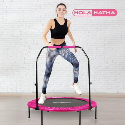 Foldable Mini Trampoline Home Gym Fitness Rebounder with 5 Level Adjustable Handle, Supportive 440 lb Capacity Workout Equipment, 40", Pink