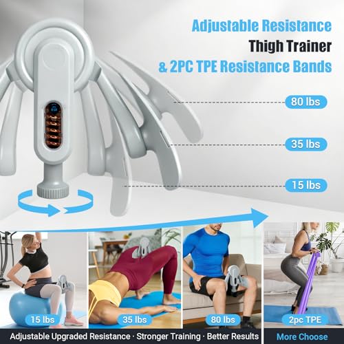Inner Thigh Exerciser for Women, Adjustable Resistance Thigh Trainer with Resistance Band(2PC), Thigh Workout Kegel Equipment for Pelvic Floor Muscle, Elastic Workout Bands with Manual
