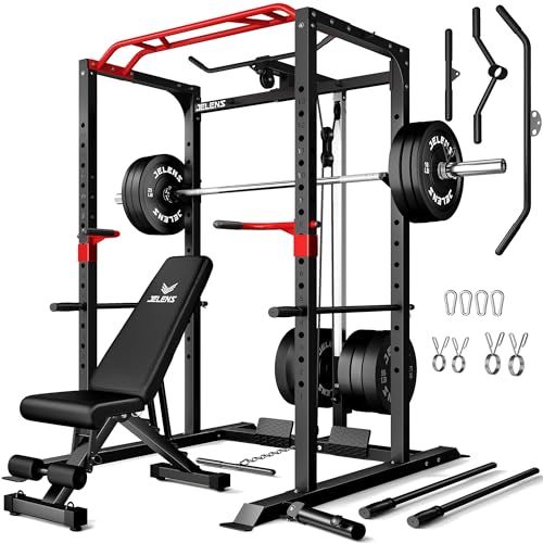 S11 Power Cage, 2000LB Multi-Function Power Rack with LAT Pulldown, Squat Rack with Adjustable Pulley System and Training Attachments, Weight Rack for Home Gym - style: 370LB Black Weights Package