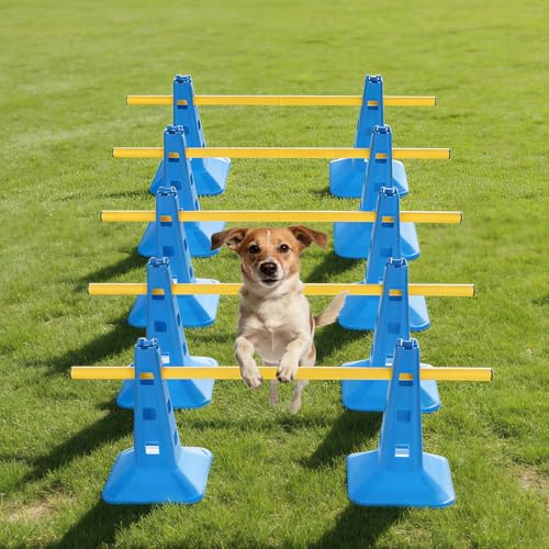 Dog Agility Hurdle Cone Set, Dog Agility Course Backyard Set with Height Adjustable Crossbar for Rehabilitation & Beginners, Dog Agility Equipment for Obstacle Courses,4 Height Levels (10 Pack
