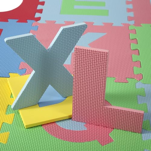 Easy Playhouse Soft Foam Floor Puzzle Tiles for Children, Non-Toxic EVA 36 Interlocking Foam Tiles with 24 Borders for Playroom, Nursery or Gym, Numbers and Letters