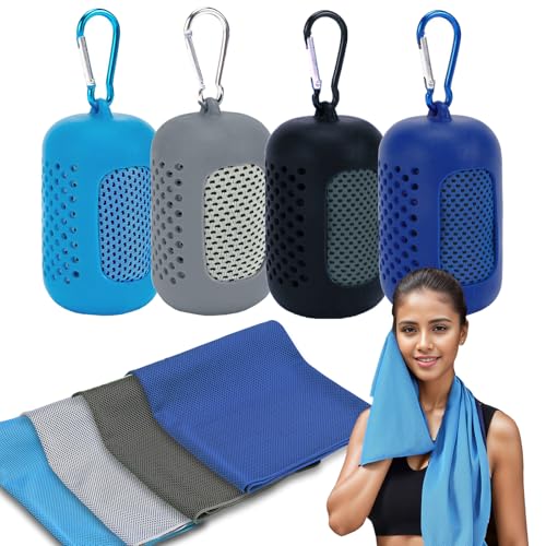 4 Pack Cooling Towels (40"x12"), Microfiber Chilly Towels Soft Breathable Gym Ice Towel for Workout, Yoga, Sport, Silicone Set Travel Sweat Towels Fast Drying Lightweight Cooling Neck Wraps - color: Blue/Grey/Deep Blue/Black