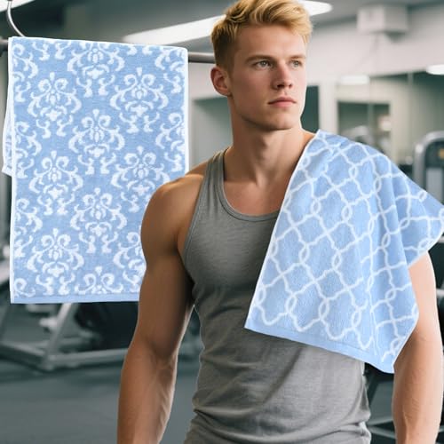 Workout Sweat Towels for Men & Women, Cotton Gym Towels Set of 2, 14"x31" - Absorbent | Breathable | Soft - Exercise Towel for Yoga, Shower, Tennis, Running & Fitness, Blue Damask and Checkered - color: Blue, size: 2PC (14"x31")