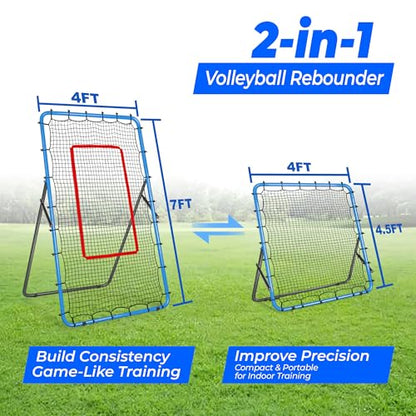 2-in-1 Volleyball Rebounder Net, Adjustable 7×4 ft to 4.5×4 ft Bounce Back Training Rebound Equipment with Angle Customization for Volleying, Bumping, Spiking Practice