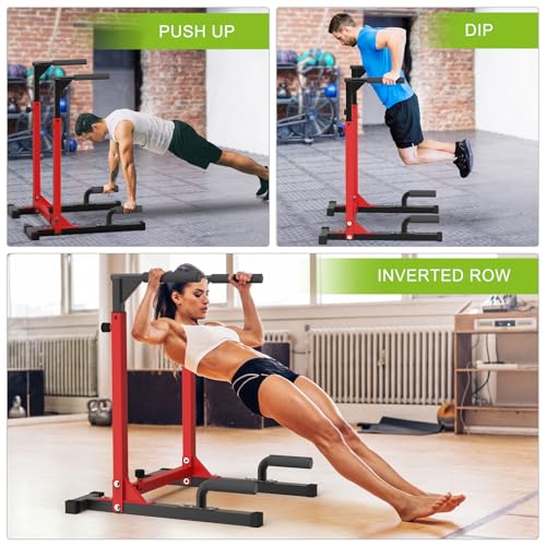 SELEWARE Heavy Duty Dip Bar, Adjustable Width & Height Dip Station Home Gym Fitness Equipment, 800lbs Capacity, Multifunctional Strength Training Dip Stand with Push Up Bar for Tricep Dips, L-Sits - color: Red & Black