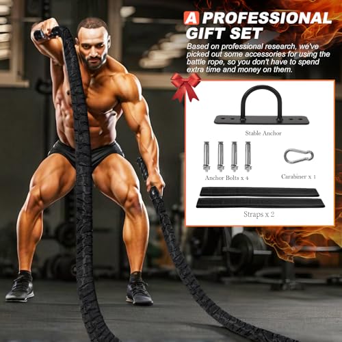 Battle Ropes for Home Gym Exercise - 1.5 Inch Diameter 40FT Length Workout Rope Training Exercise Ropes with Protective Sleeve, Heavy Battle Rope for Workout Exercise Fitness & Strength Training - style: 1.5IN-40FT