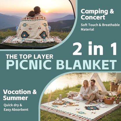 2 in 1 Extra Large Outdoor Rug Picnic Mat Woven Summer Throw Blanket Boho Giant Beach Travel Essential Yoga Accessories Park Patio Lawn Garden Grass Ground Play Music Festival Concert Must Have - color: Boho Beige