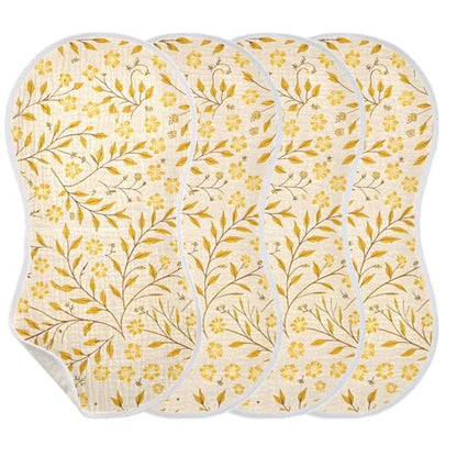 Yellow Leafy Botanical Muslin Burp Cloths 1 Pack - Extra Large 22"x11", 4-Layer Soft Absorbent Cotton, Waterproof Backing, Baby Drool Rags for Newborn