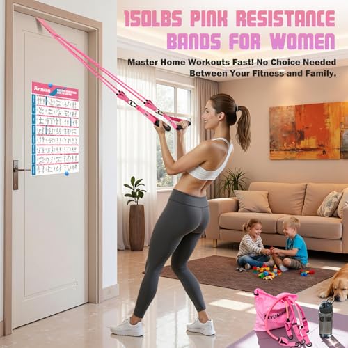 Resistance Bands with Handles for Women, 150LBS Exercise Bands Set for Physical Therapy Yoga Pilates, 5 Level Workout Bands for Working Out with Door Anchor, Home Gym Fitness Equipment