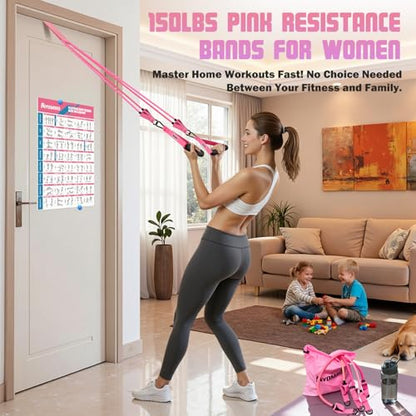 Resistance Bands with Handles for Women, 150LBS Exercise Bands Set for Physical Therapy Yoga Pilates, 5 Level Workout Bands for Working Out with Door Anchor, Home Gym Fitness Equipment