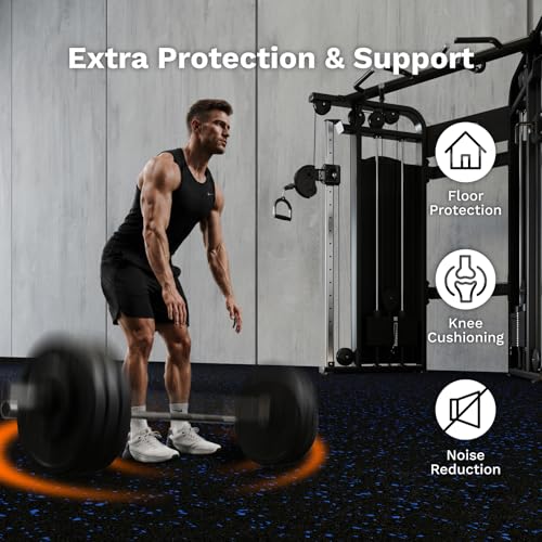 AIRHOP 1'' Ultra-Thick 24 Sq Ft Rubber Top Gym Flooring for Home Gym, 6 Tiles High Density EVA Foam Exercise Mats, Interlocking Puzzle Mats for Home Workout, Floor & Equipment Protection, Black/Blue