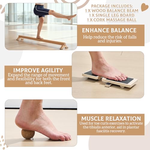 DoubleFill Balance Trainer Kit, 40 Inch Beech Wood Balance Beam with Adjustable Foot Trainers and Cork Massage Ball for Ankle Strengthening and Plantar Fasciitis Relief