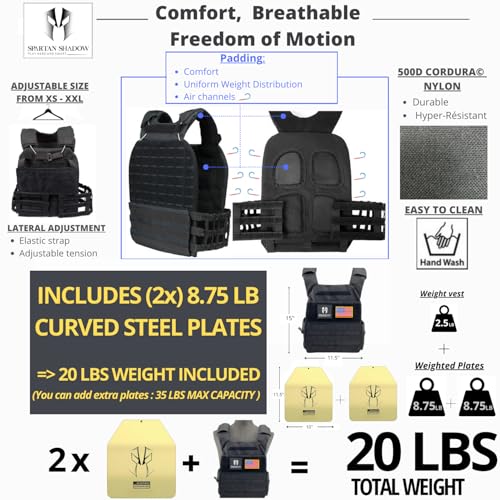 Weighted Vest Men 20lbs with weights : Curved Weight Vest Plates Pair Included - 20 Pounds workout vest with phone pocket. 20lb Weighted Vest for Men and Women with adjustable weights - Chaleco con peso para entrenar- Murph Vest, Wods, Training, Running,