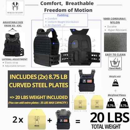 Weighted Vest Men 20lbs with weights : Curved Weight Vest Plates Pair Included - 20 Pounds workout vest with phone pocket. 20lb Weighted Vest for Men and Women with adjustable weights - Chaleco con peso para entrenar- Murph Vest, Wods, Training, Running,