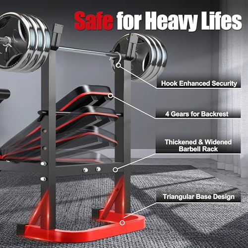 OPPSDECOR Foldable Weight Bench Set with Squat Rack and Preacher Curl Pad - color: Red