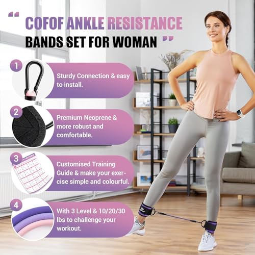 Ankle Resistance Bands with Cuffs, Leg Exercise Equipment with Poster - color: Purple