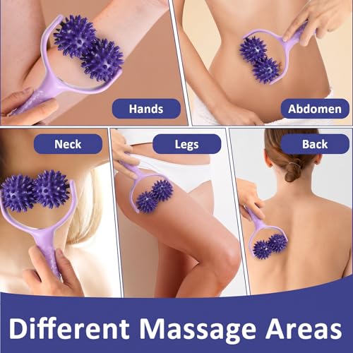 Spiky Massage Balls Rollers with Dual Ball Design, Manual Massage Stick with Ergonomic Handle, Lightweight and Portable Point Muscle Massages Tool Pain Relief for Back Neck Shoulder Leg - color: Purple