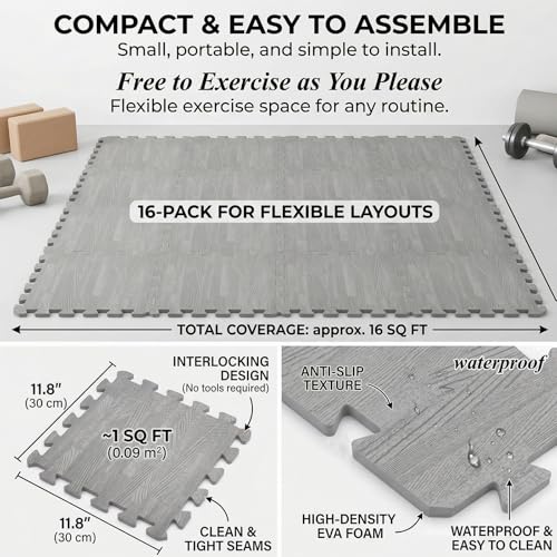 Tebery 16 Pieces Printed Wood Grain Interlocking Floor Tiles 3/8-Inch Thick EVA Foam Grey Puzzle Floor Mat