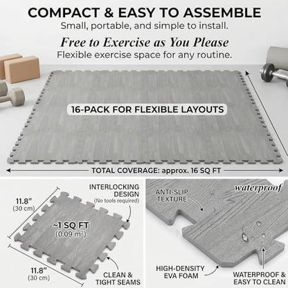 Tebery 16 Pieces Printed Wood Grain Interlocking Floor Tiles 3/8-Inch Thick EVA Foam Grey Puzzle Floor Mat
