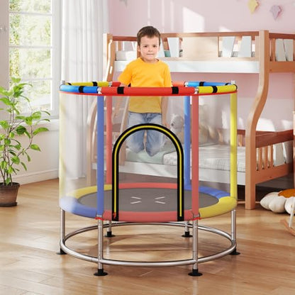 GYMAX 55" Trampoline for Kids, 440LBS 6 in 1 Toddler Rebounder with Swing, Basketball Hoop, Punching Bag, Rings & Bar, No-Gap Jumping Mat Mini Indoor Outdoor Trampoline - color: Red-Navy-Yellow