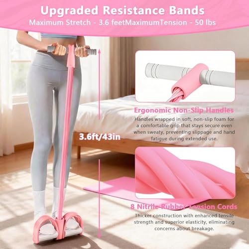 8-Tubes Pedal Resistance Band with Handle, Multifunction Exercise Rope for Working Out, Foot Pedal Resistance Band for Abdomen, Waist, Arm, Leg, Purple - color: Pink