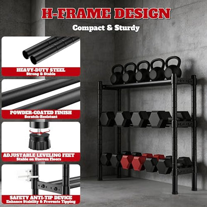 Sturdy Dumbbell Rack for Home Gym Storage | Adjustable Tiered Weight Rack | 3-Tier Metal Black Powder-Coated | Ideal for Dumbbells, Kettlebells, and Medicine Balls Storage