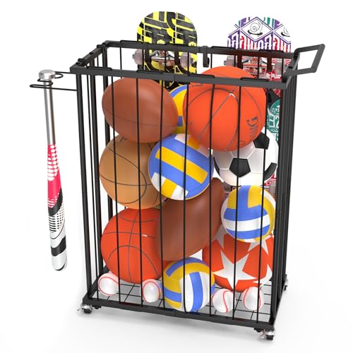 Multi-Functional Sports Storage Rack with Elastic Rope, Movable Racket Holders & Hooks - Heavy-Duty Organizer for Balls, Tennis/Badminton Rackets, Skateboard - Ideal for Garage, Home Gym & Playroom