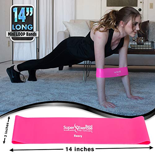 USA 14" x 3" Extra Long Latex Free Mini Loop Bands in 3, 5, 10 Pack Sets. 10 Strengths for Resistance Training, Stretching, Yoga, Toning. Plus an Exclusive iPhone App and E-Book. - color: o. Fuchsia Pink HEAVY Loop Band 10 Pack