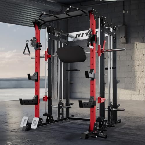 RitFit Buffalo Smith Machine, Power cage with LAT-Pull Down System & Cable Crossover System, All-in-One Squat Rack for Home Gym, Power Rack - color: RED, size: Package(With BP370)