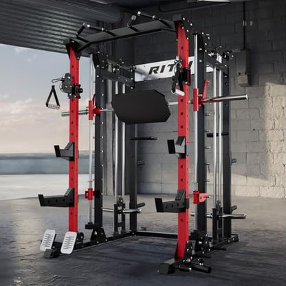 RitFit Buffalo Smith Machine, Power cage with LAT-Pull Down System & Cable Crossover System, All-in-One Squat Rack for Home Gym, Power Rack - color: RED, size: Package(With CP260)