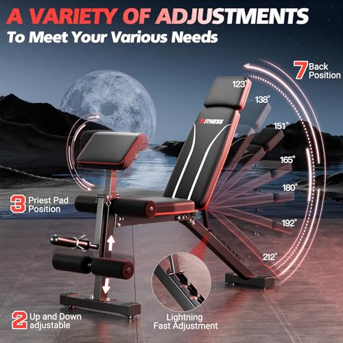 XDDIAS Adjustable Weight Bench, Workout Bench with Leg Extension and Preacher Curl Pad, Incline Bench press for Home Gym, Foldable Exercise Bench, Quick Adjustment and Suitable for All Heights