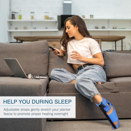 Upgrade Plantar Fasciitis Night Splint & Relief Brace with Adjustable Straps - Support for Achilles Tendonitis, Heel Spur Pain, Day & Night Use (1, Blue) - color: Blue