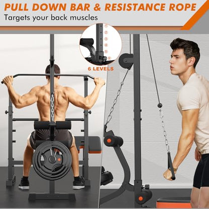 XDDIAS Bench Press Set, 880LBS Adjustable Weight Bench with Leg Extension and Preacher Curl Pad, 8 IN 1 Multi-Function Gym Bench with LAT Pulldown Pulley System, Full-Body Workout Home Gym Equipment - color: Black