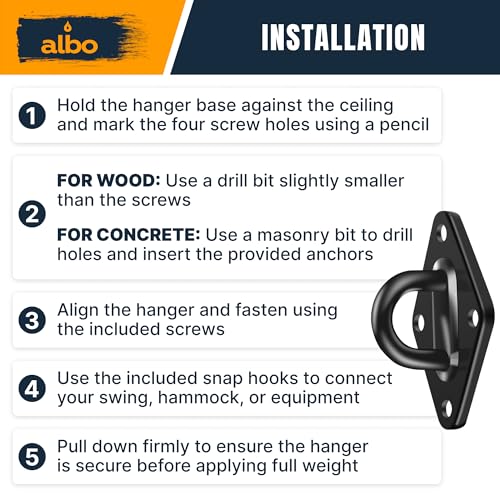 Albo Diamond Plate 2650lbs Swing Hangers 2 PCS - Heavy Duty Ceiling Mount Hooks with Snap Carabiners, 304 Stainless Steel for Wood & Concrete & Metal, Indoor Outdoor Anchor for Hammock, Yoga, TRX - size: Diamond 2pcs Black