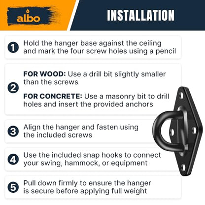 Albo Diamond Plate 2650lbs Swing Hangers 2 PCS - Heavy Duty Ceiling Mount Hooks with Snap Carabiners, 304 Stainless Steel for Wood & Concrete & Metal, Indoor Outdoor Anchor for Hammock, Yoga, TRX - size: Diamond 2pcs Black