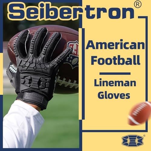 Seibertron Lineman 2.0 Padded Palm Football Receiver Gloves, Flexible TPR Impact Protection Back of Hand Glove Adult and Youth Sizes - color: black, size: XL Youth