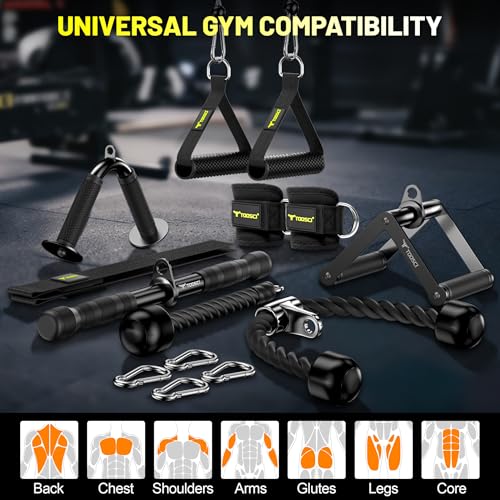 Cable Attachments for Gym, LAT Pulldown & Cable Machine Attachment Set: V-Shaped Bar, Rotating Straight Bar, V Rotation Handle, Nylon Tricep Rope, Ankle Straps & Handles, Home Gym