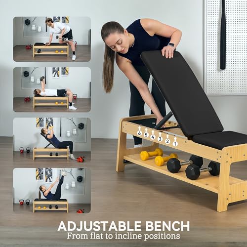 Soozier Adjustable Weight Bench with Dumbbell Rack, Wooden Workout Bench, Flat or Incline Bench for Home Gym Weight Lifting Training - color: Black