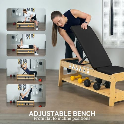 Soozier Adjustable Weight Bench with Dumbbell Rack, Wooden Workout Bench, Flat or Incline Bench for Home Gym Weight Lifting Training - color: Black