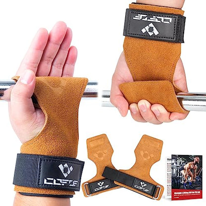 COFOF Weight Lifting Wrist Strap, Double Layer Leather Wrist Strap for Deadlift and Powerlifting, Adjustable Neoprene Padded Gym Workout Lifting Hooks (Pair) - color: Brown