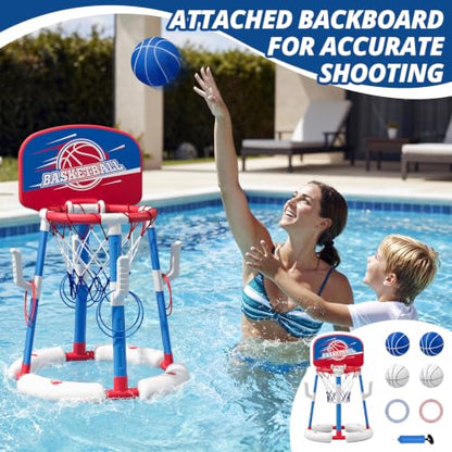 HYES 2 in 1 Pool Basketball Hoop with Ring Toss, Floating Pool Toys, Red - style: with backboard