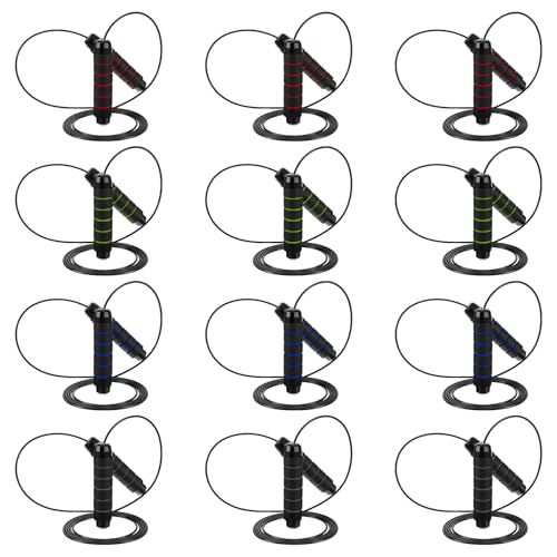 12 Pieces Jump Ropes with Ball Bearings, Adjustable Speed Jumping Rope with Foam Handles for Fitness, Exercise, Cardio Training for Men and Women, Red, Green, Black, Blue