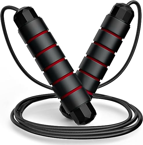 Jump Rope, Rapid Speed Jumping Rope Cable with Ball Bearings for Women, Men, and Kids, Adjustable Steel Jump Rope with Foam Handles for Home Gym Exercise Fitness Workout Equipment & Slim Body - color: Red & Black