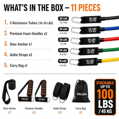 Wellesa 11Pc Resistance Bands Set for Exercise, Stretching and Workout Toning Tube Kit with Foam Handles, Door Anchor, Ankle Strap and Long Carry Bag for Men, Women