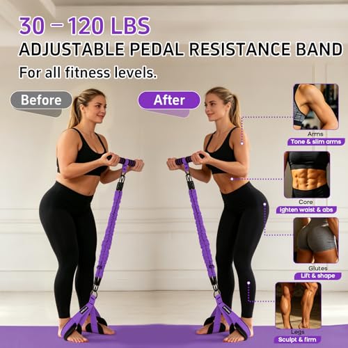 Multifunction Pedal Resistance Band with Handle, 3 Tube Adjustable 30/40/50LB Foot Pedal Puller Resistance Bands with Poster, Extended Length Tension Rope for Men Women Full Body Workout Home Gym - color: Purple