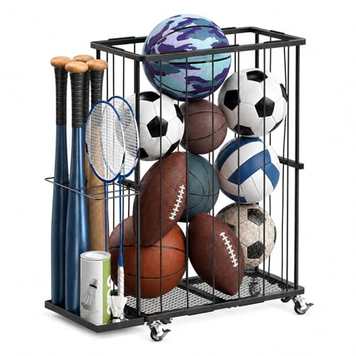 Garage Ball Storage Rack with Wheels and Elastic Rope, Sports Ball Holder for Basketball, Soccer, Volleyball, Football, Sports Equipment Organizer for Playroom, Home Gym, Indoor Outdoor Use - size: Large